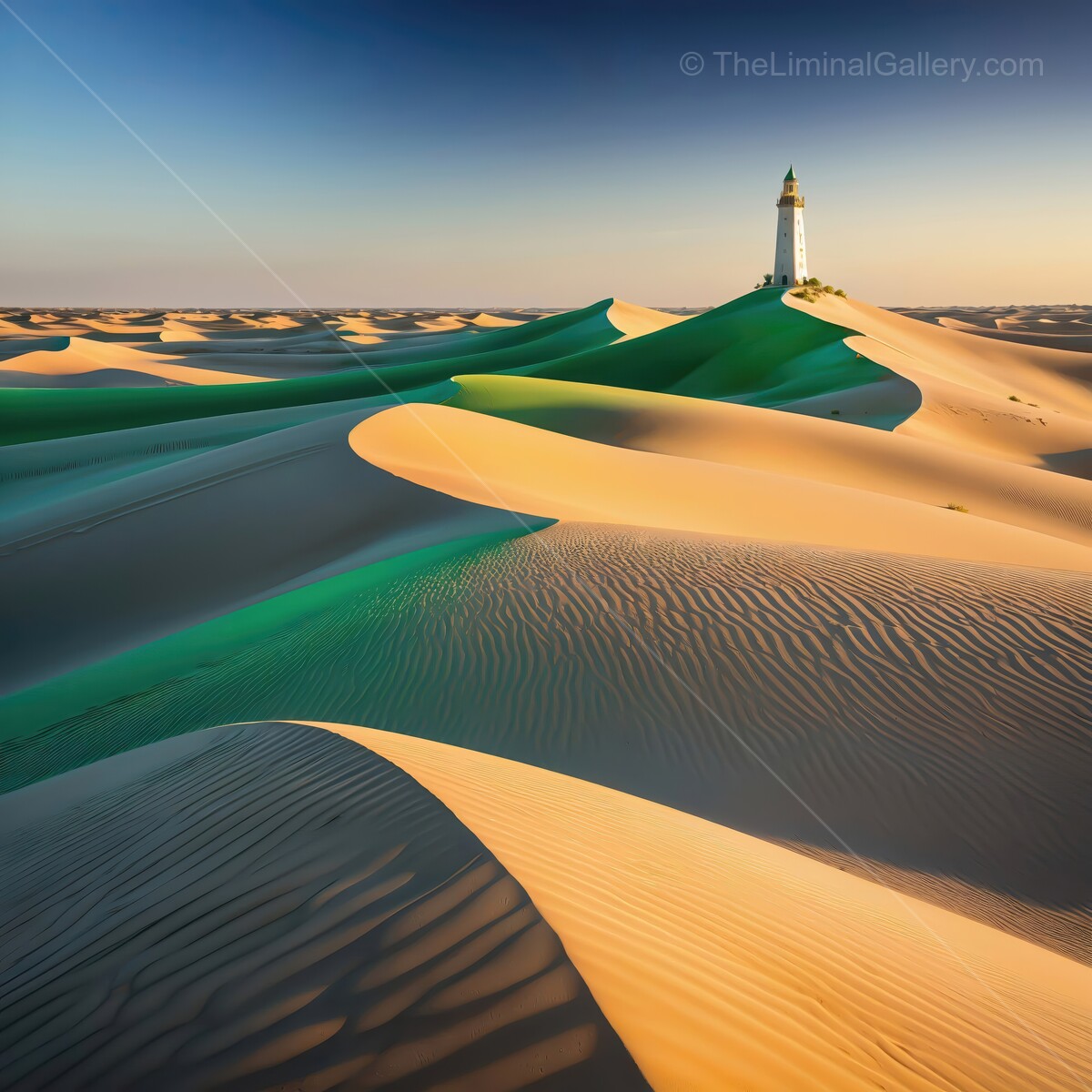 Stunning lighthouse rises amidst golden sand dunes under a clear blue sky