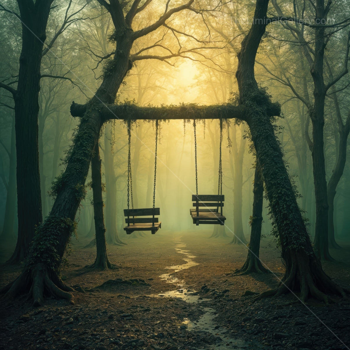 Dawn-lit forest reveals enchanted swings hanging from ancient trees, gentle breeze and birdsong enhancing the magic of this serene woodland sanctuary
