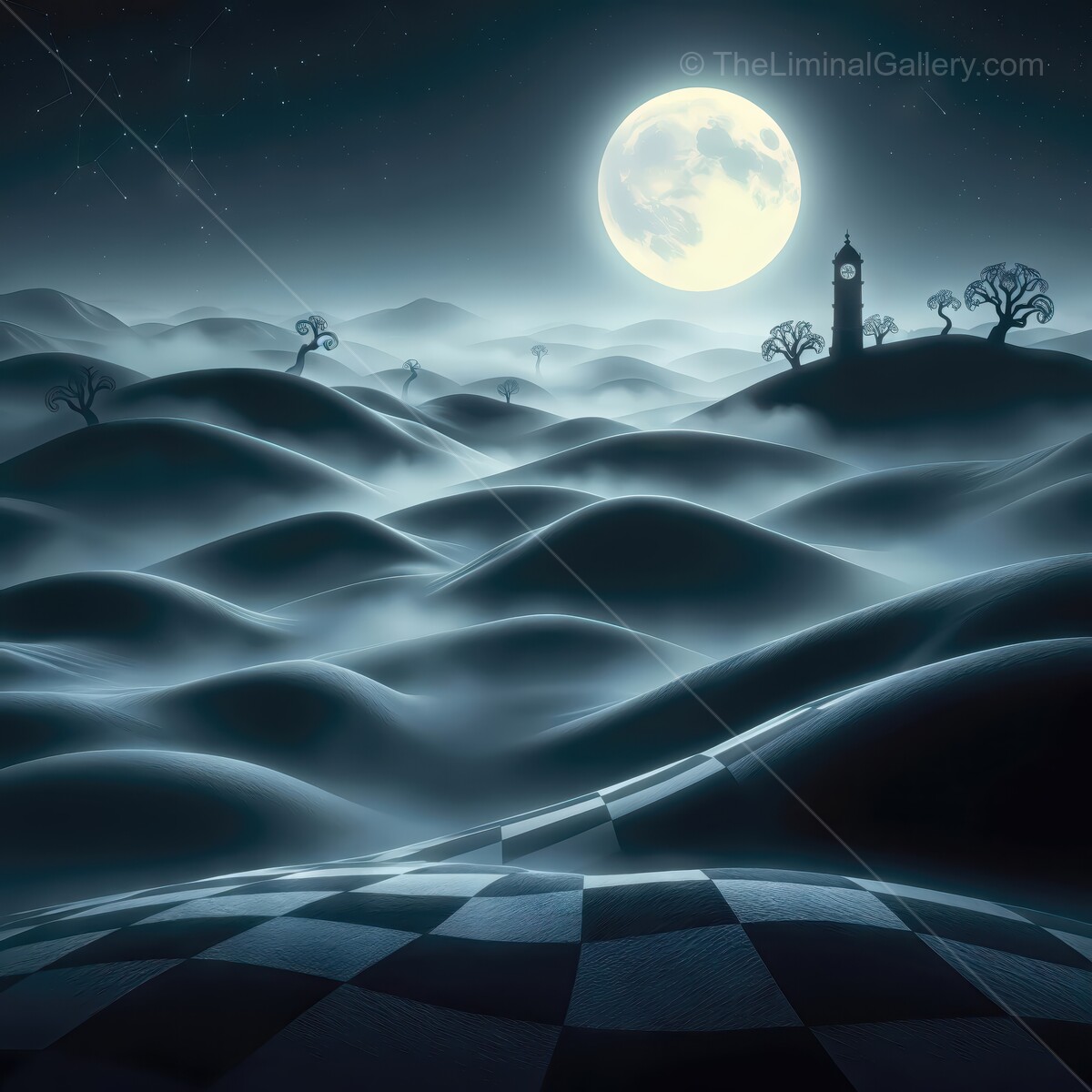 Enchanted liminal landscape bathed in moonlight with rolling hills and a distant tower