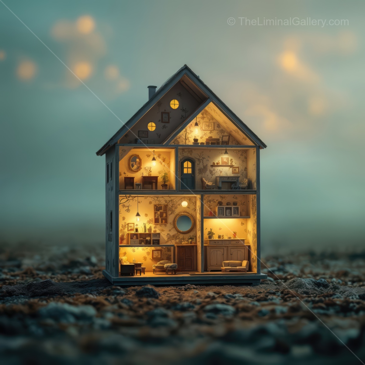 Explore the enchanted miniature house, glowing softly against a twilight backdrop, revealing stories within its well-crafted rooms that invite curiosity and wonder