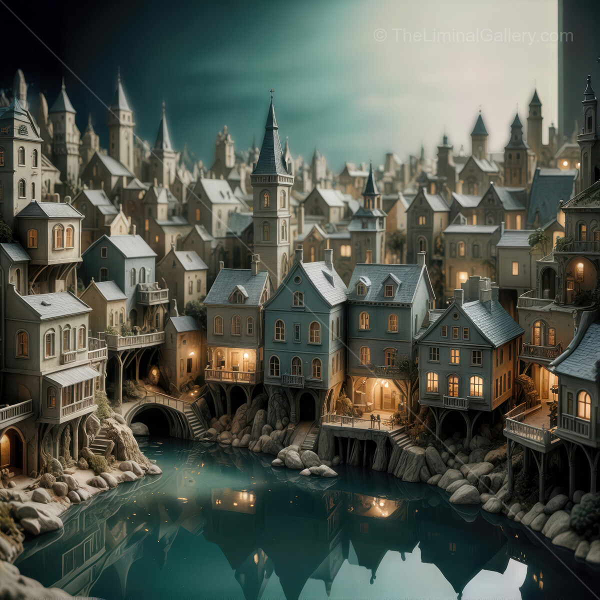 Enchanting miniature village by the water captivated by evening light with whimsical liminal architecture