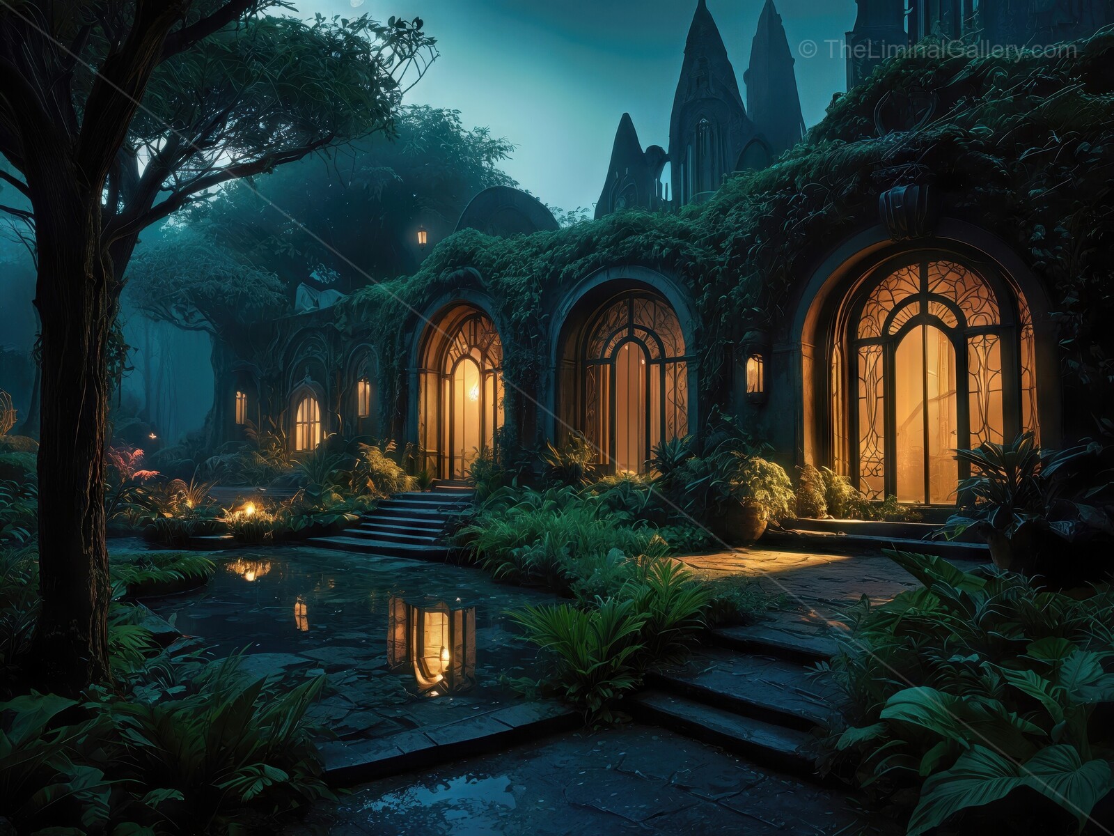 Enchanted ruins bathed in moonlight under a starry night sky in a magical forest