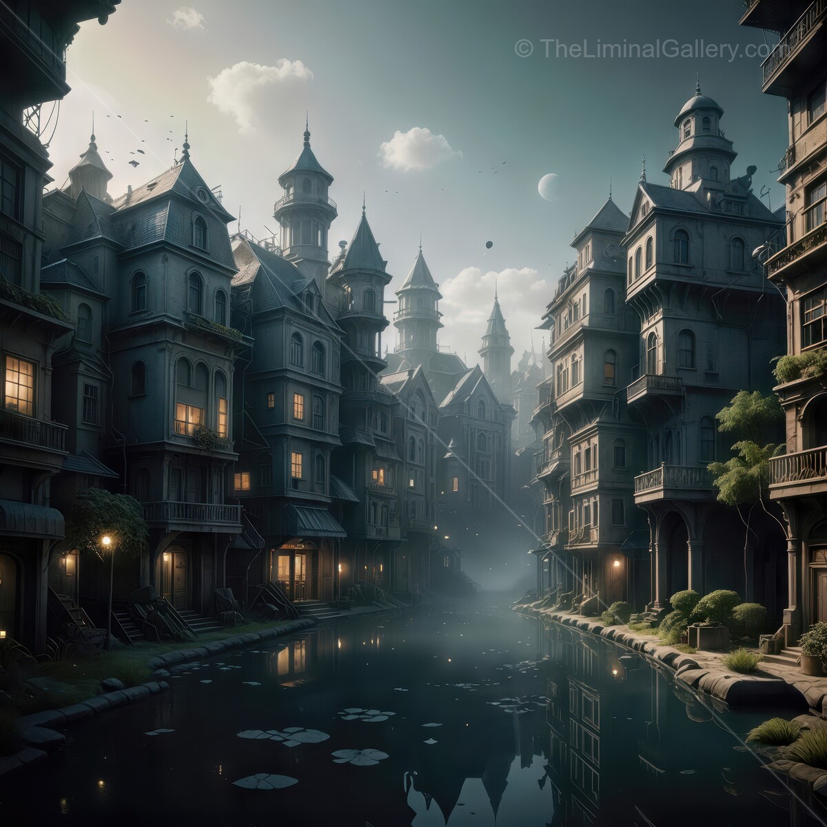 Enchanting twilight in a forgotten town of mystical towers and serene waters
