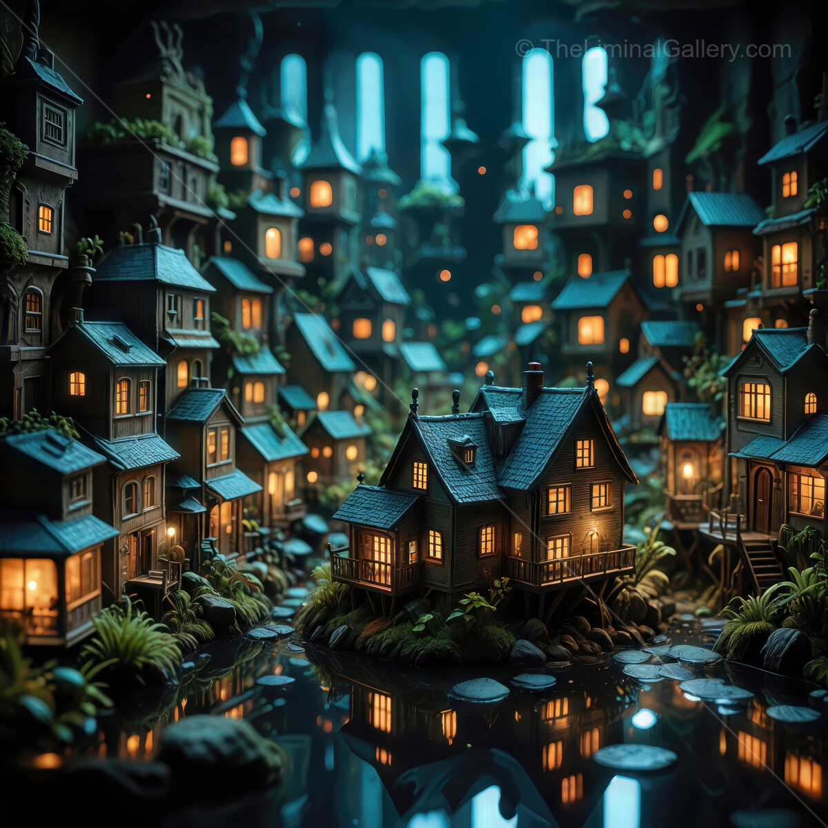 Enchanted village at twilight with glowing houses by the shimmering water