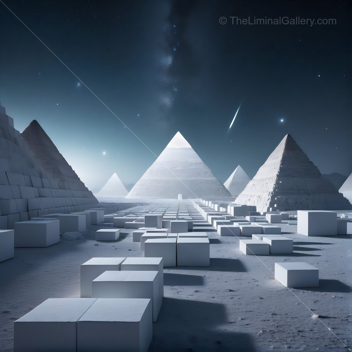 Starlit desert landscape showcases pyramids and glowing cubes under a cosmic sky