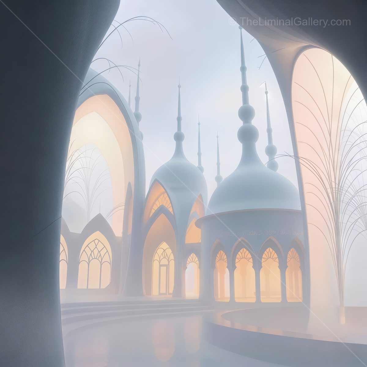 Whispers of a mystical realm where ethereal architecture meets serene fog at dusk, inviting exploration and wonder in a dreamlike atmosphere
