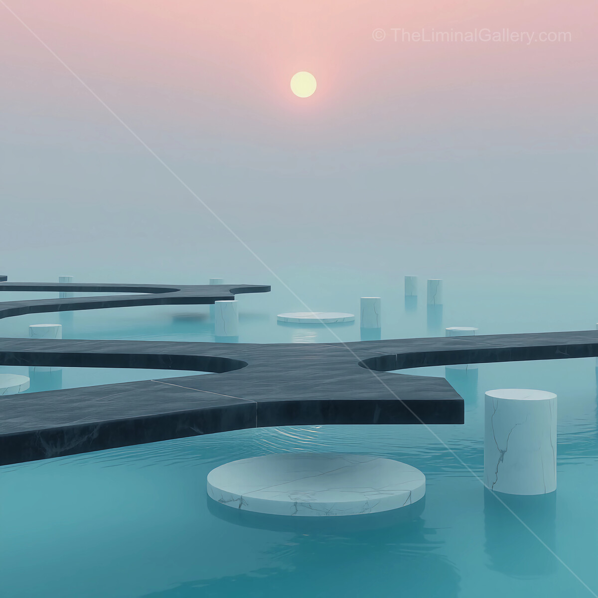 Ethereal liminal pathways emerge from serene waters beneath a dreamy sunset