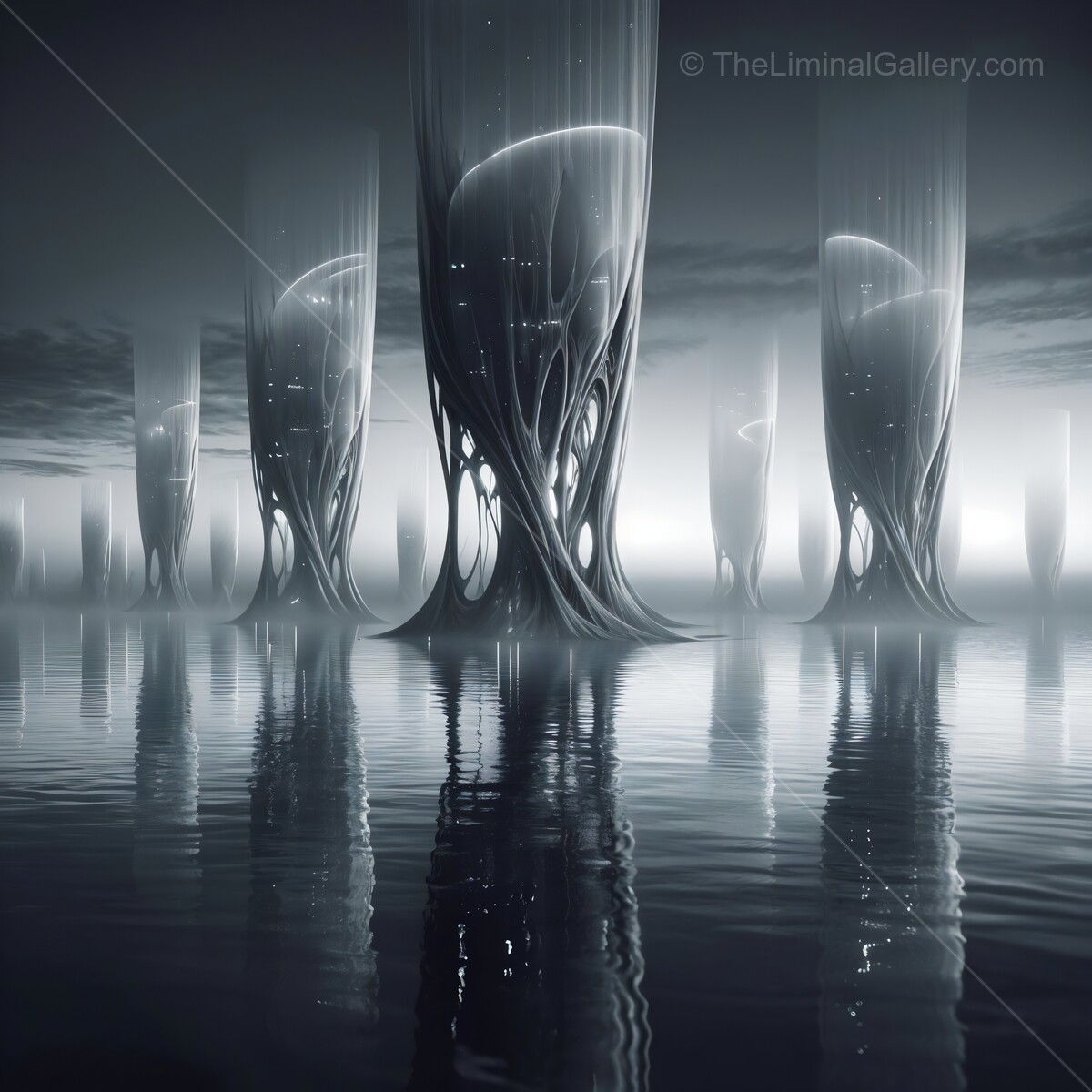 Mysterious towering structures rise from a tranquil water surface under a dreamlike twilight sky