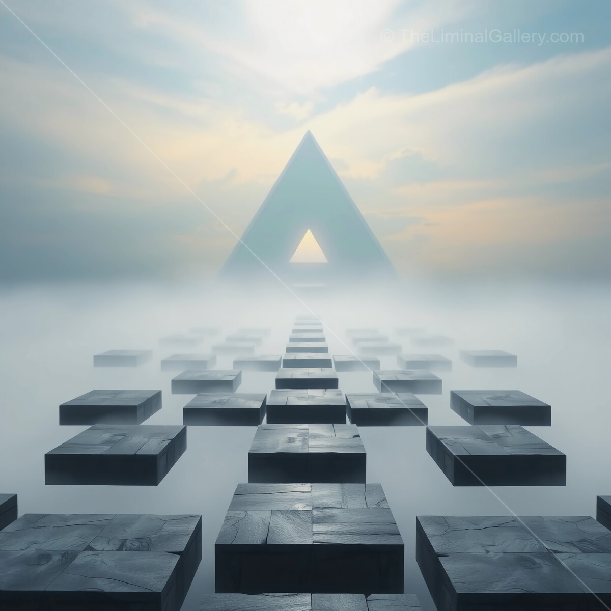 Mysterious landscape with floating blocks and a pyramid shrouded in mist at dawn