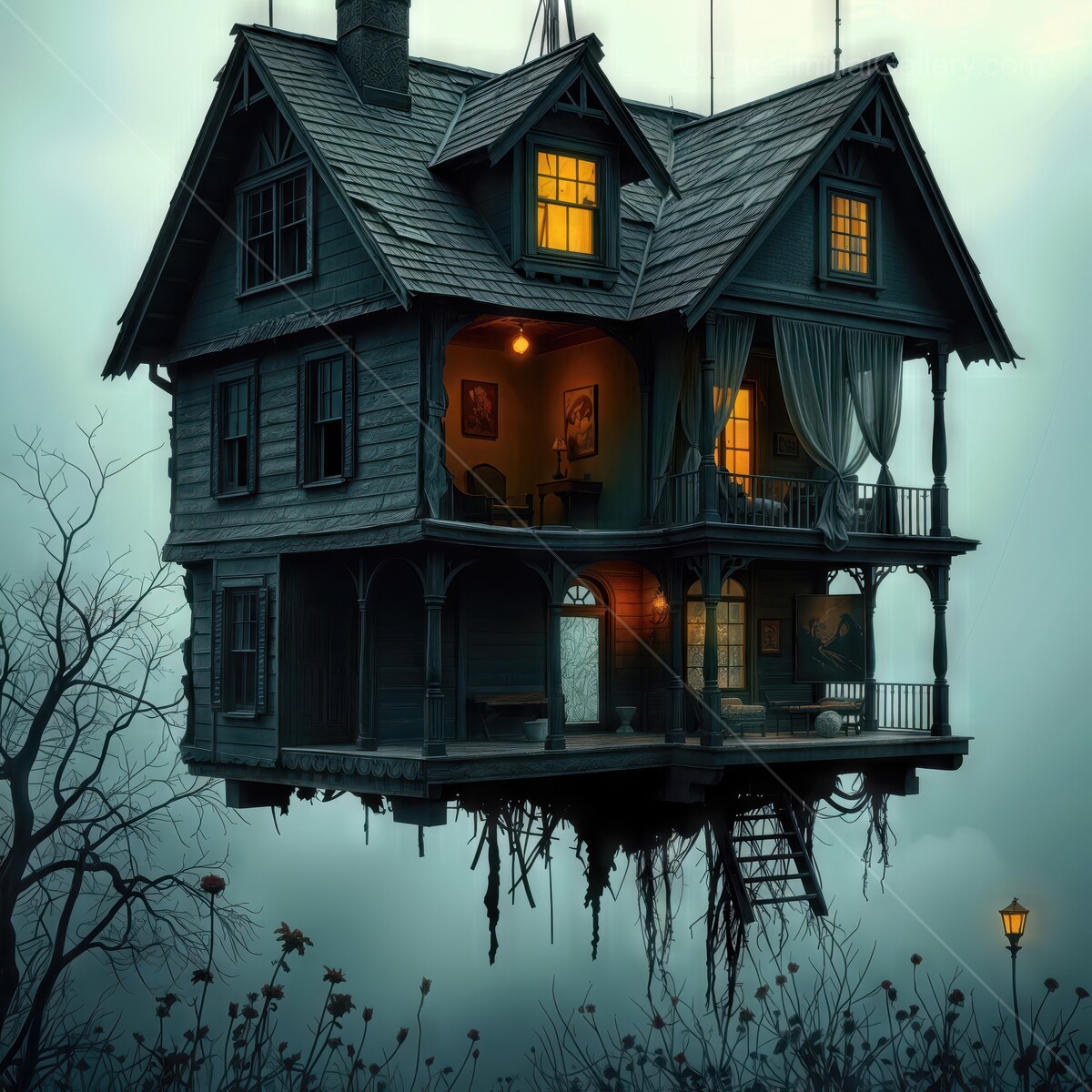 Mysterious floating house illuminates the dark night with enchanting warmth and intrigue
