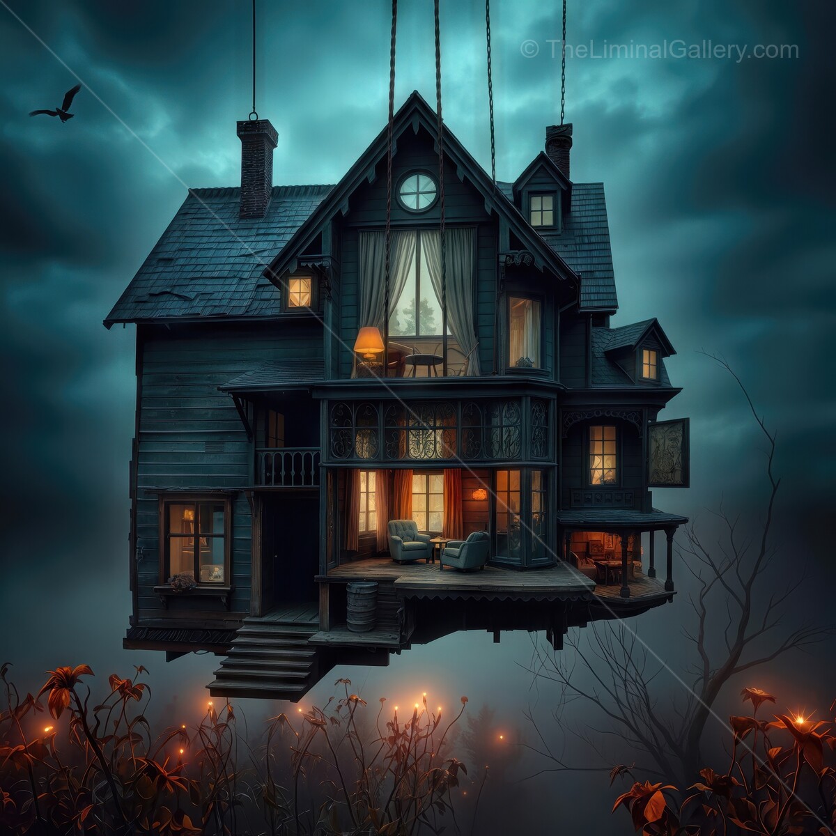 Mysterious floating house enveloped in twilight with glowing windows and ethereal ambiance