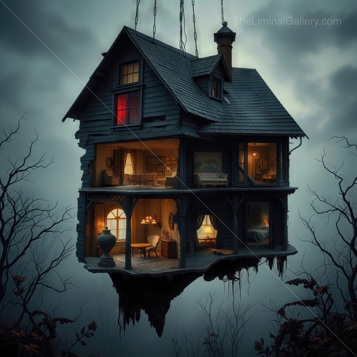 Mystical floating house illuminated by warm lights against a moody twilight sky