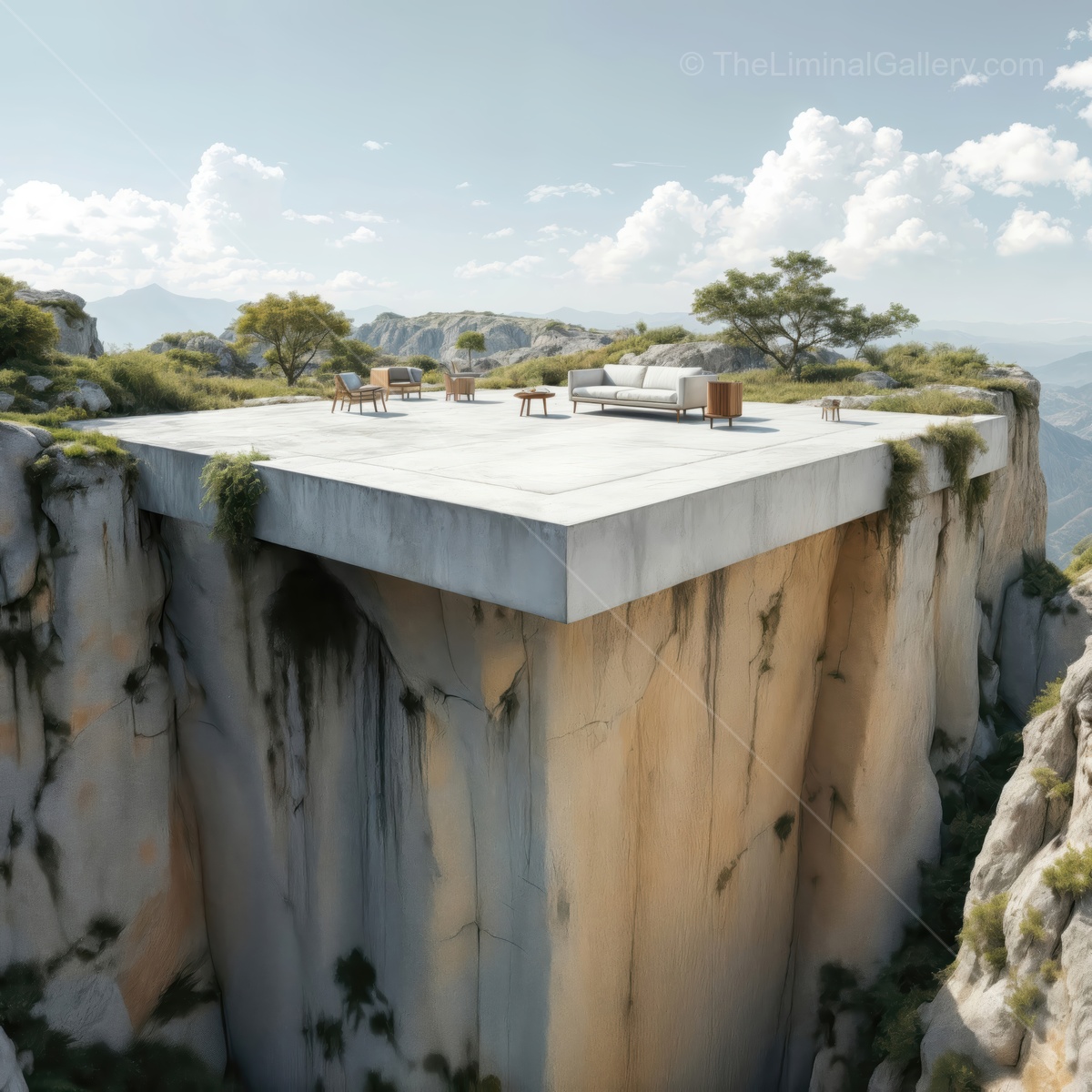 Experience serenity on a floating platform surrounded by stunning cliffs and vast skies at sunset in a dreamlike liminal space