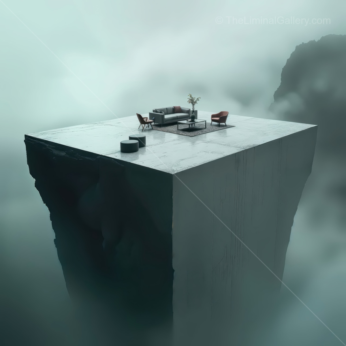 Exploring a surreal liminal space on a floating platform surrounded by mist and mystery