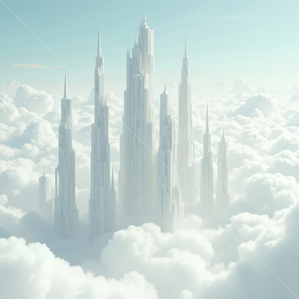 Majestic towers float above gentle clouds, luminous sky bathing the dreamlike vista in calming light and stirring imaginations with visions of celestial realms