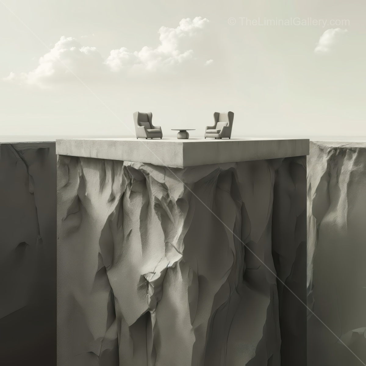 Exploring the surreal isolation of a floating table and chairs in a vast, empty liminal space under soft clouds