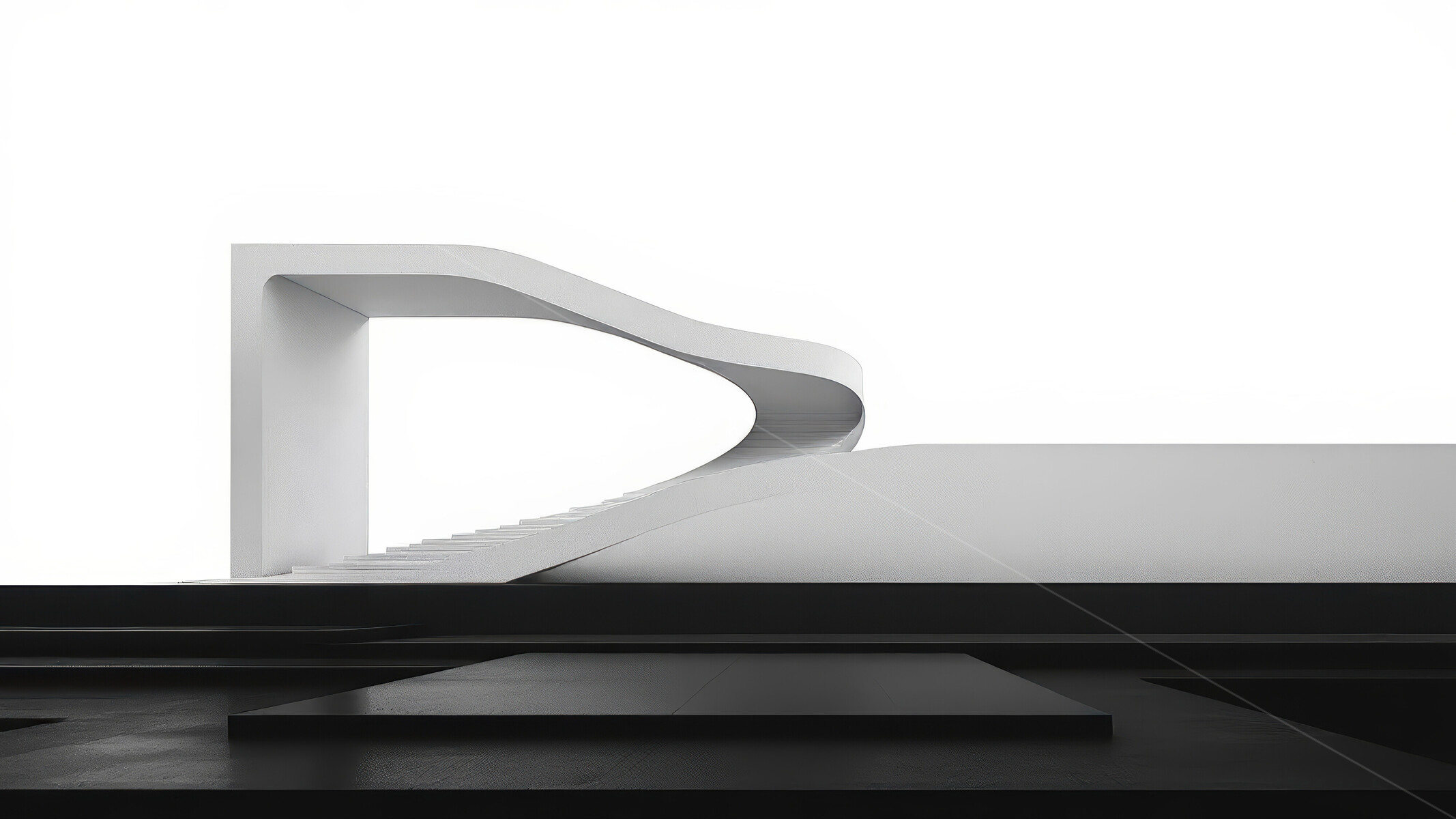 Modern architectural marvel showcasing fluid lines and abstract forms against a stark white background, inviting contemplation on design and space