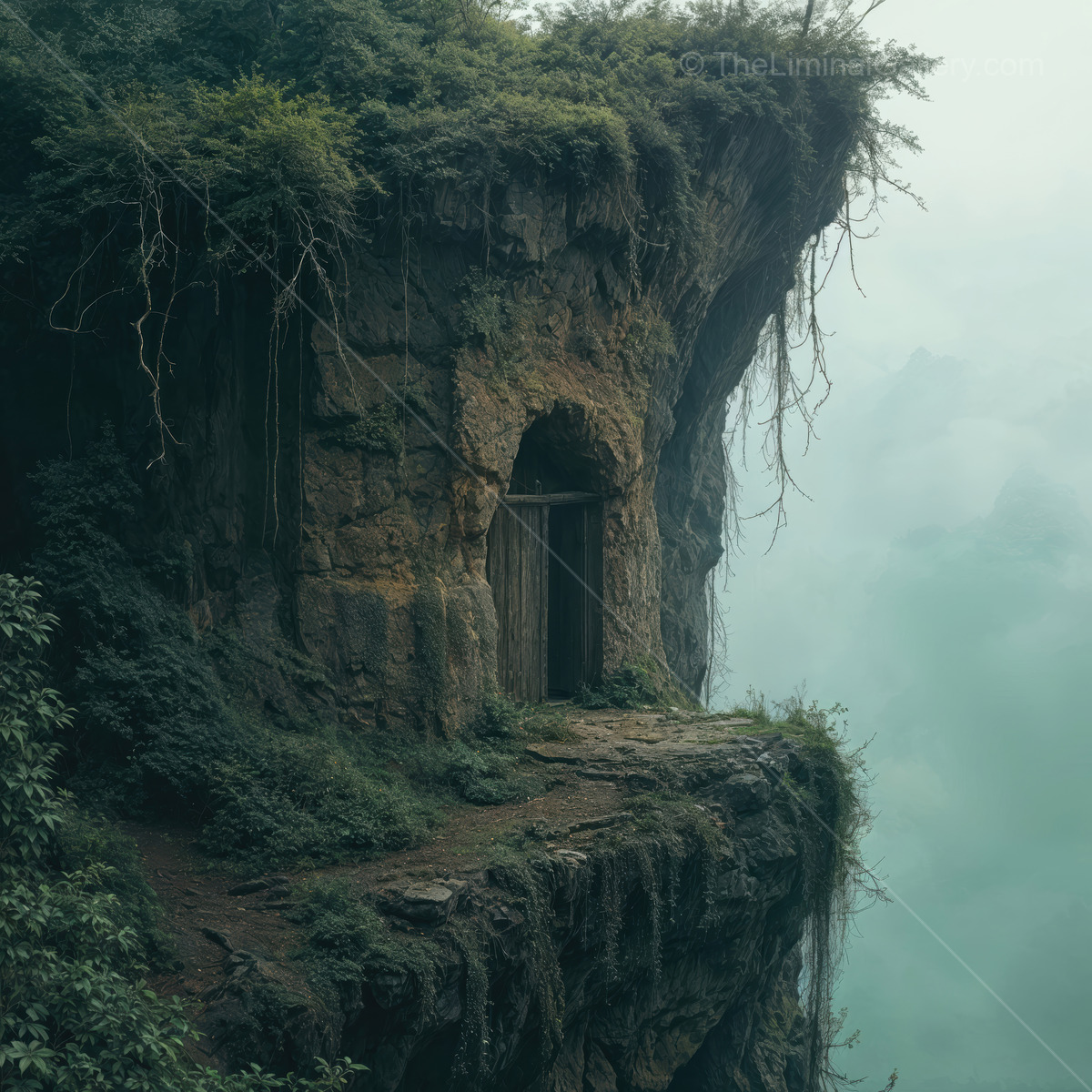 Fog-veiled cliffside gate opens to wilderness, a mystical entrance carved by nature that invites adventurous souls to discover breathtaking vistas and untamed serenity beyond