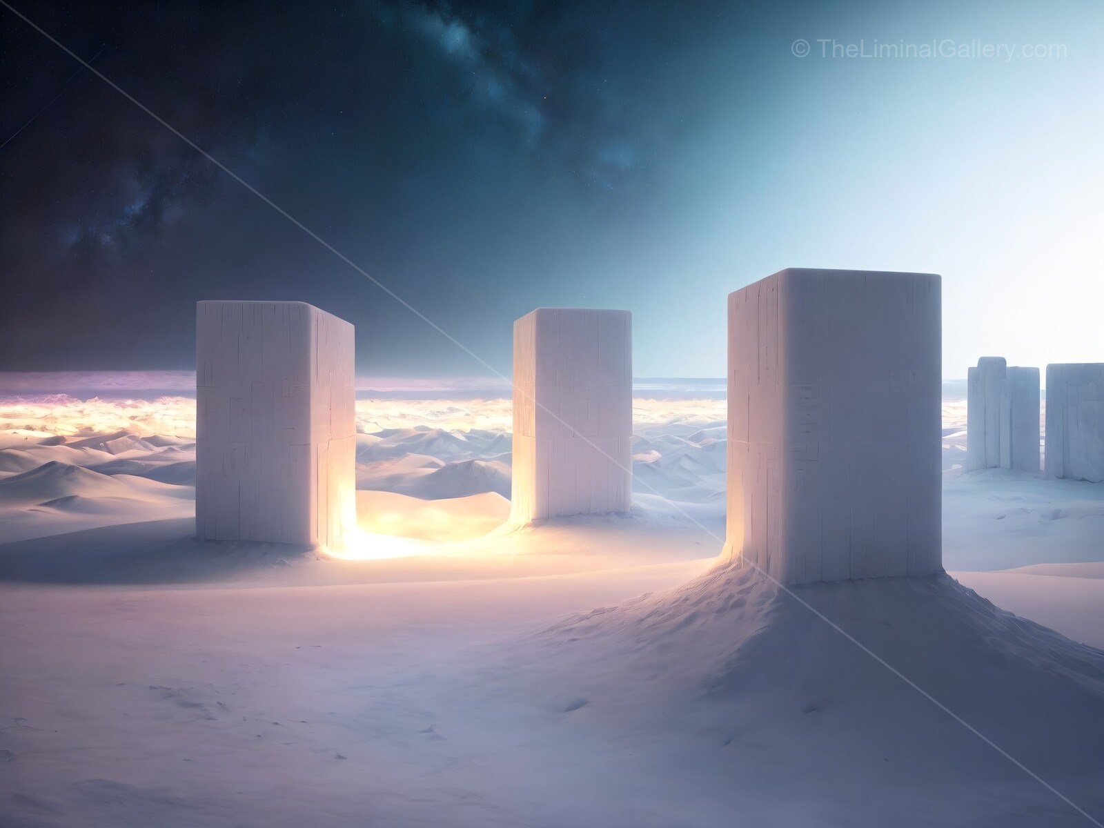 Mysterious ice structures emerge in a surreal winter landscape at twilight