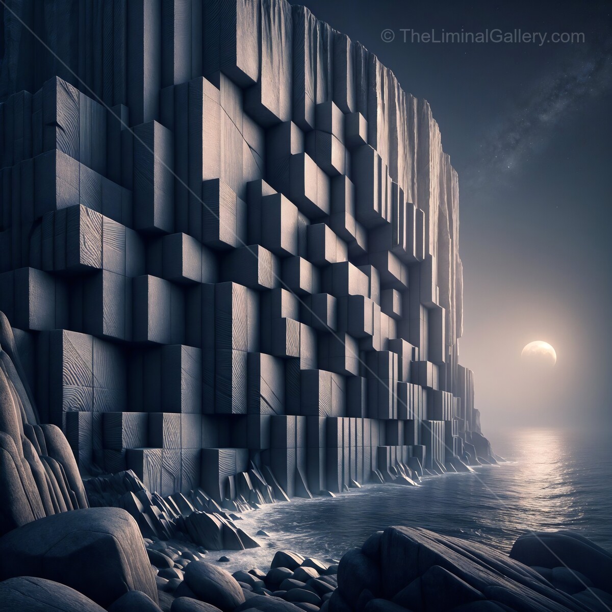 Mysterious coastal cliffs with geometric formations under a crescent moon at twilight