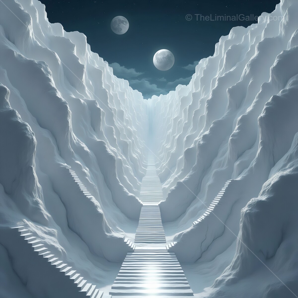 Majestic snowy valley with stairway leading towards two moons shining in the night sky