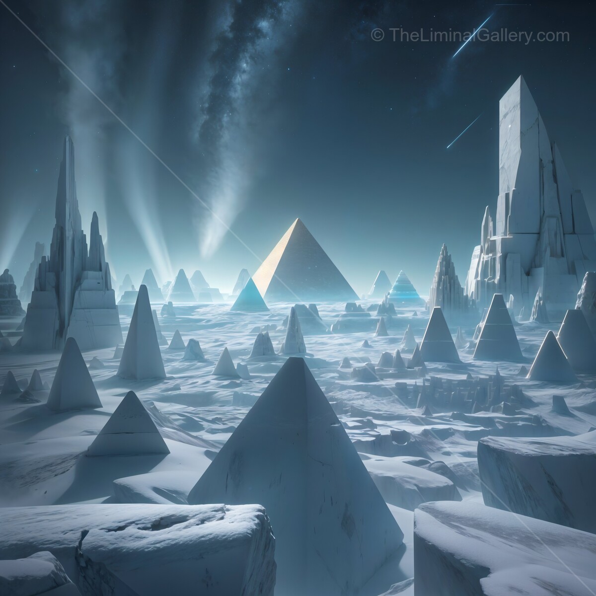Mysterious winter landscape with pyramids and ethereal lighting in a snowy world