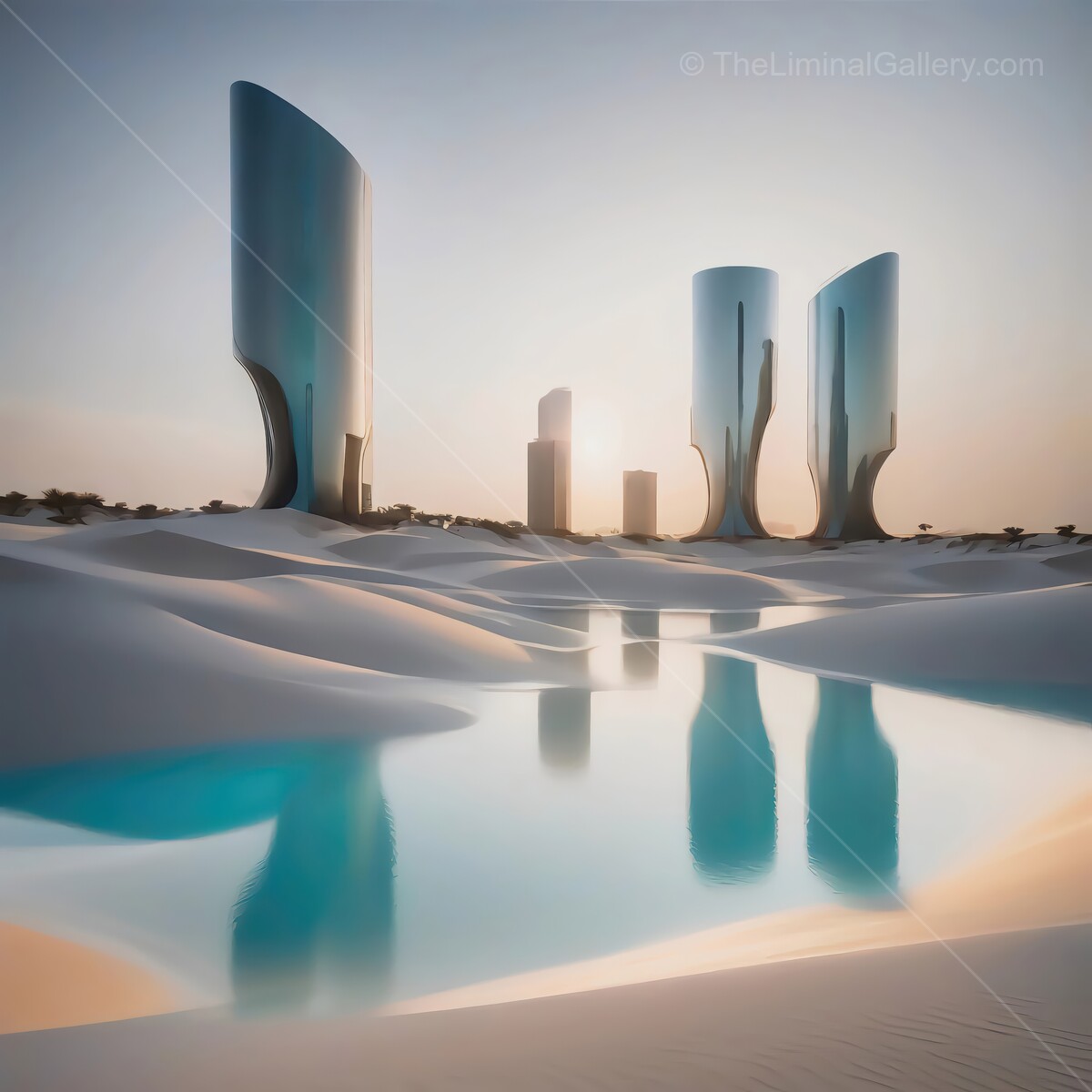 Contemporary architecture rises from shimmering sands near a tranquil oasis at sunset