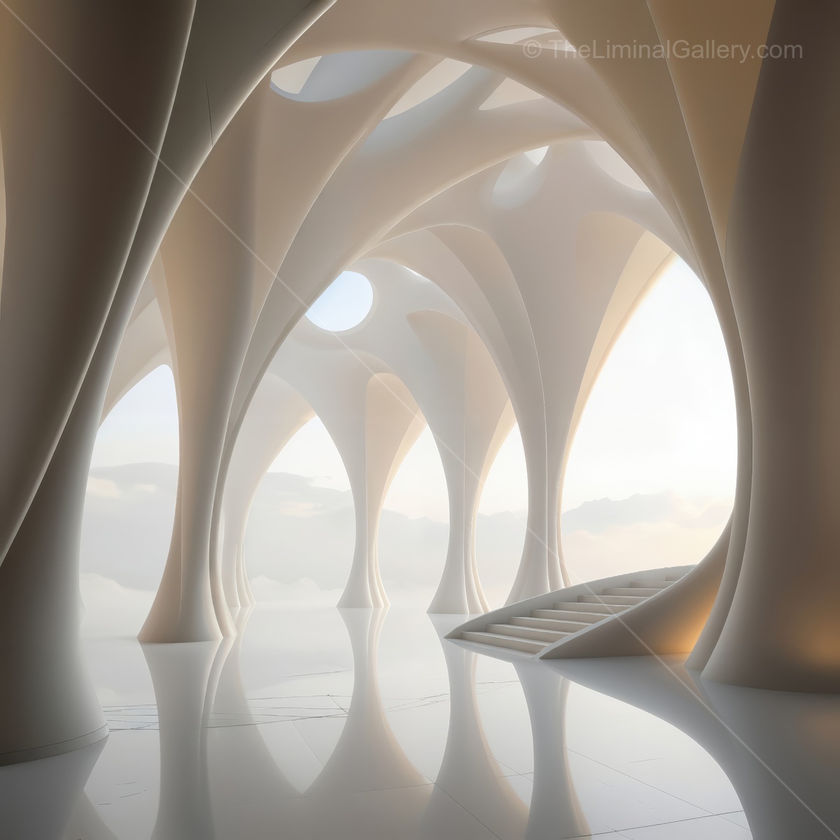 Futuristic structure emerges within tranquil valley, soft daylight accenting sweeping forms and textures that bridge visionary architecture with nature's serenity