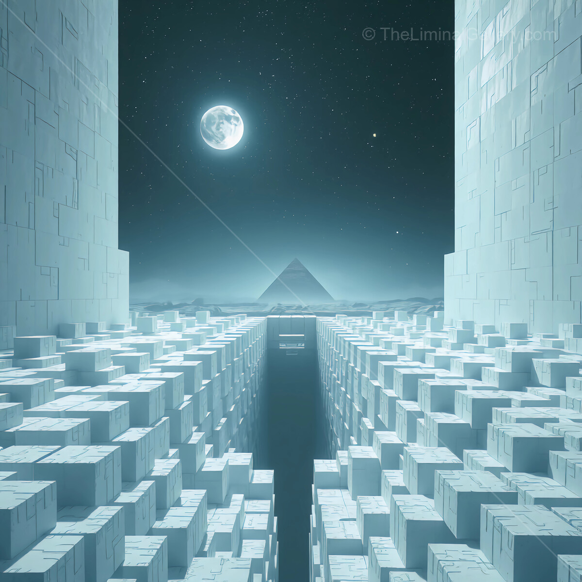 Mystical journey through a geometric landscape under a full moon