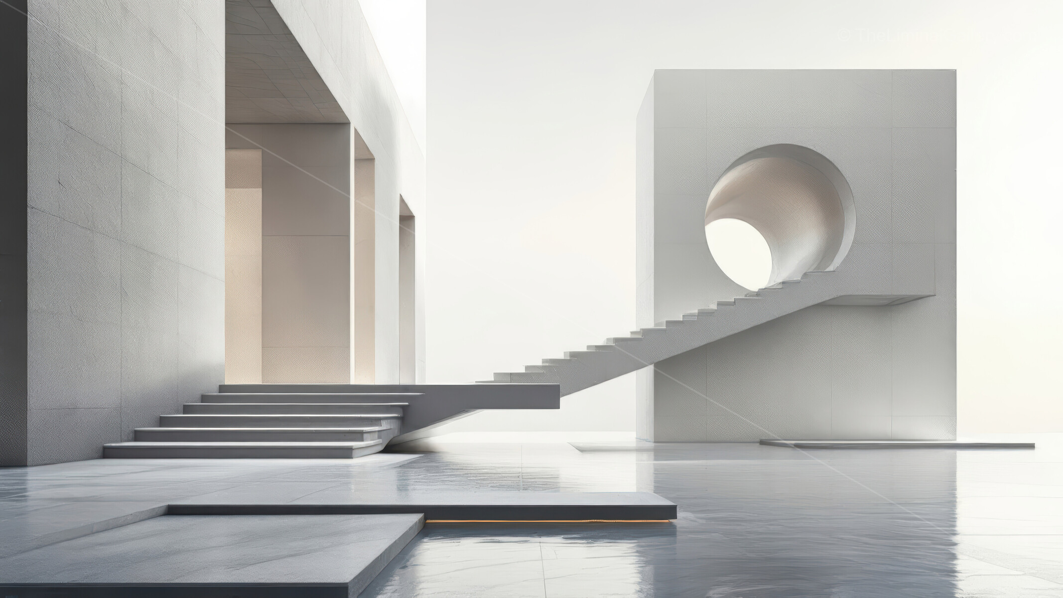 Modern architectural marvel embraces minimalism with a unique staircase and geometric design elements in a serene, well-lit space during dawn