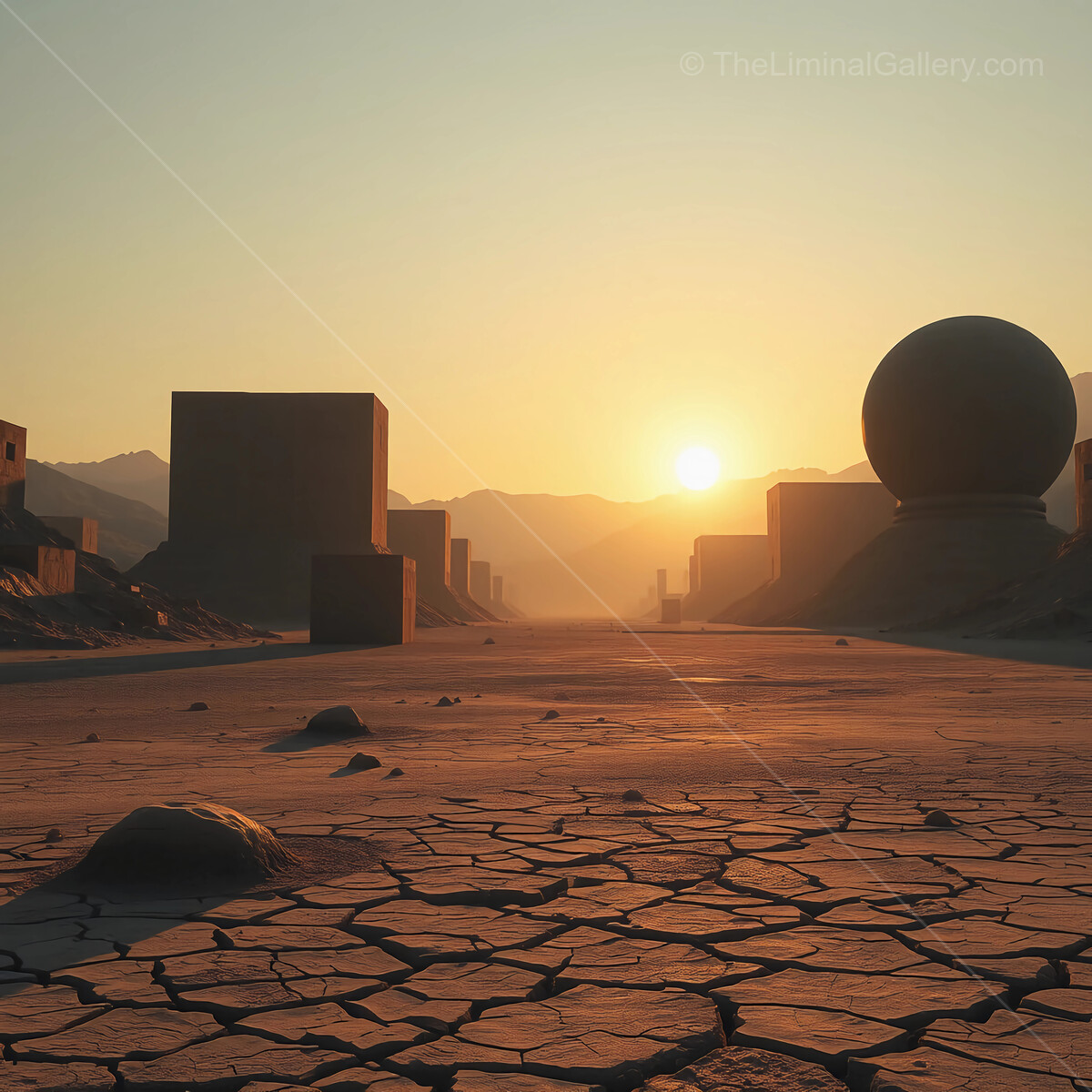 Sunrise over an abandoned landscape with geometric structures and a mysterious orb
