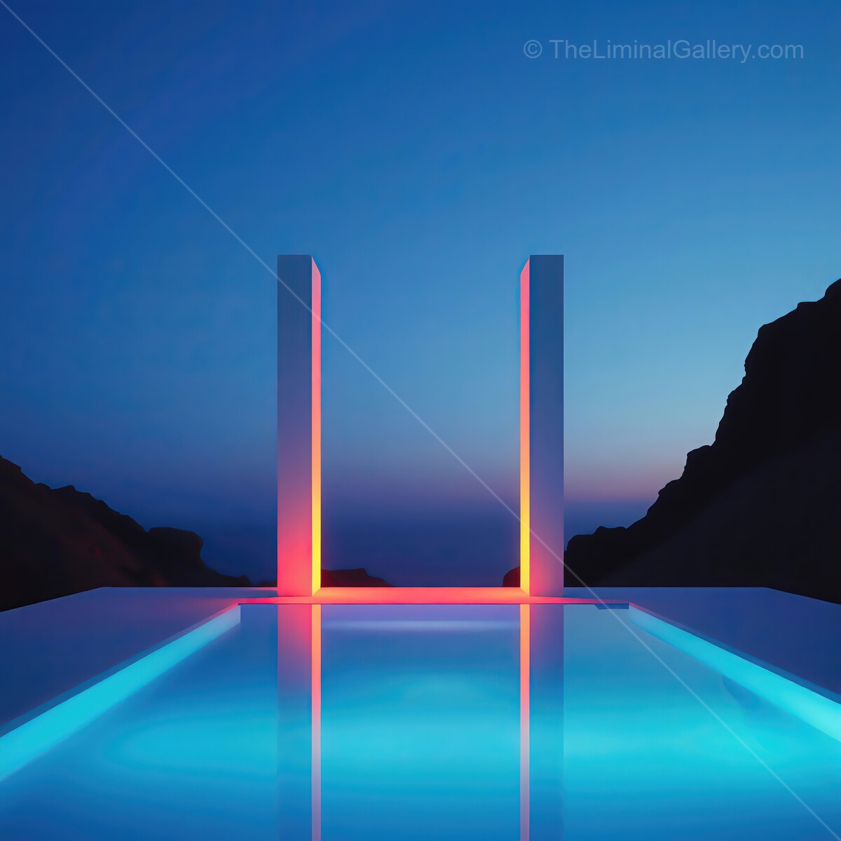Glistening pool illuminated by colorful lights against a twilight sky on a serene hillside