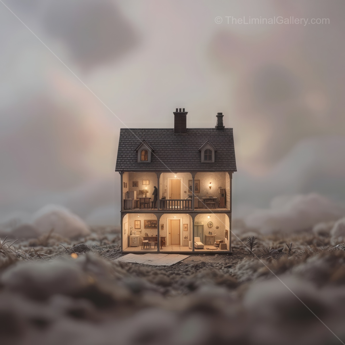 Twilight reveals a miniature glowing house nestled in whimsical landscape; soft light and pastel scenery weave a magical atmosphere that sparks imagination and wonder