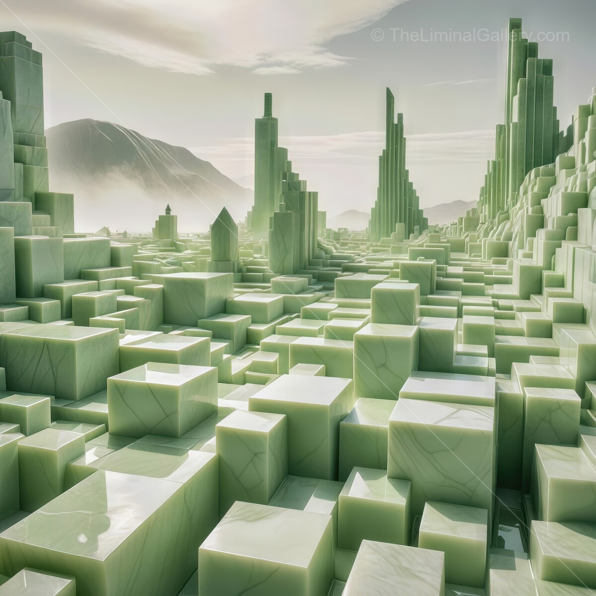 Majestic green marble liminal landscape emerges from mist in a surreal mountain valley at dawn