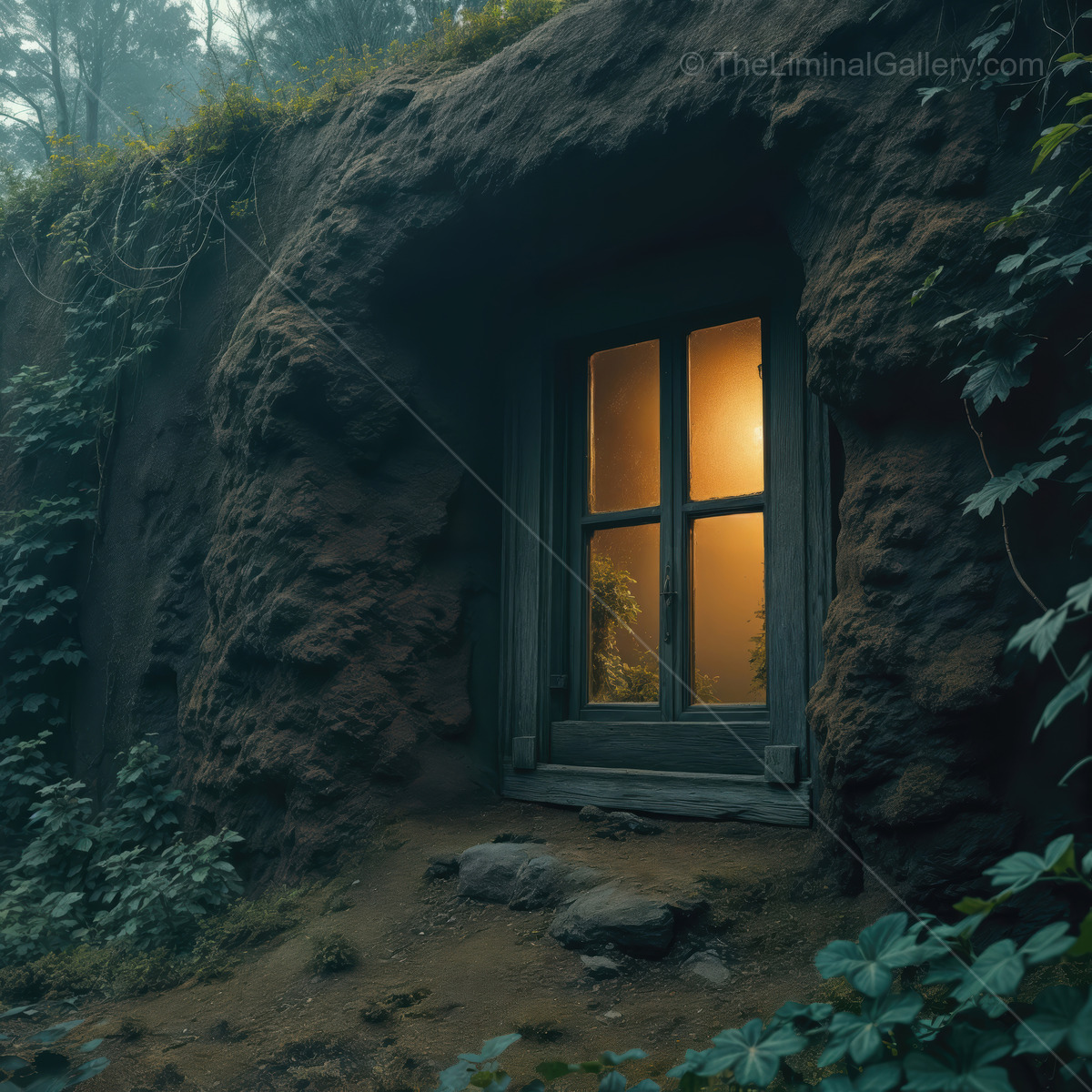 Mystical twilight at the hidden doorway of a forest dwelling surrounded by lush foliage and gentle light illuminating a cozy interior atmosphere