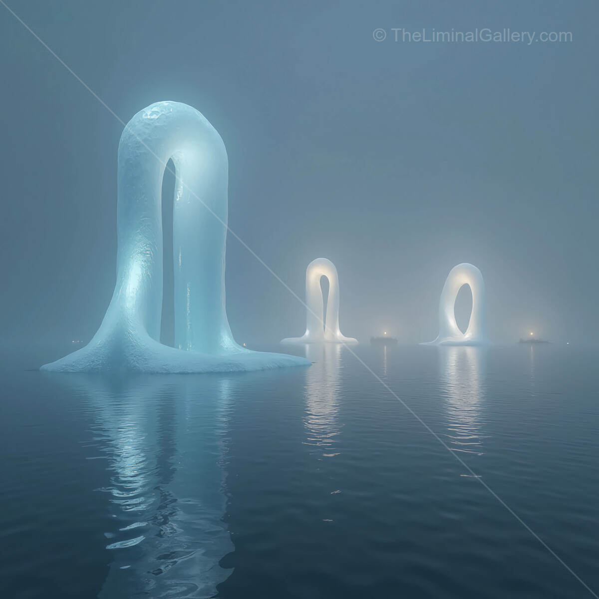 Mysterious ice sculptures rise from the foggy water under twilight skies
