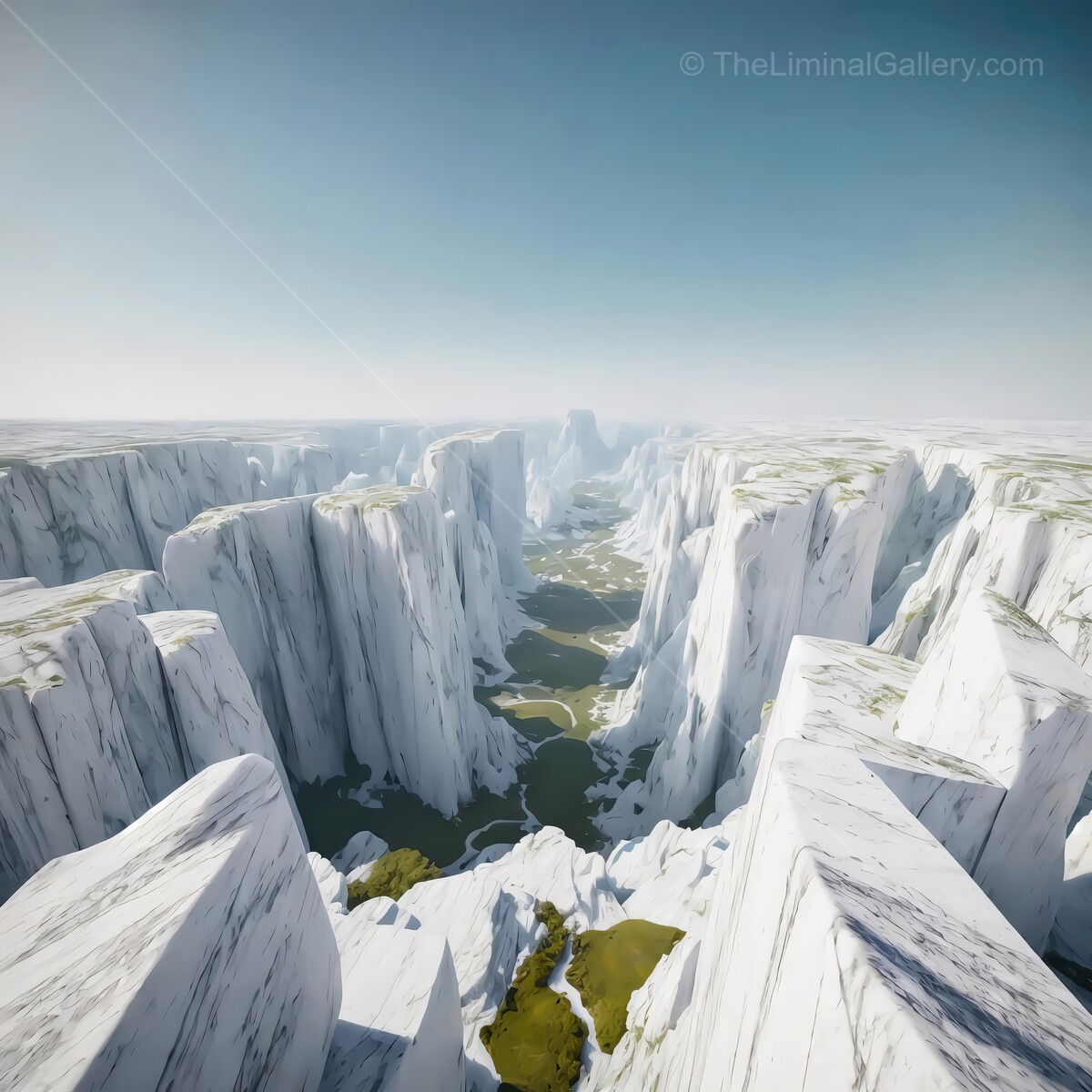Majestic alabaster mountains tower over a tranquil valley in a mesmerizing landscape at dawn