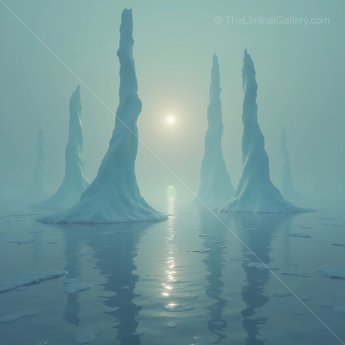 Majestic ice formations rise from a tranquil lake under a hazy sun in a surreal winter landscape