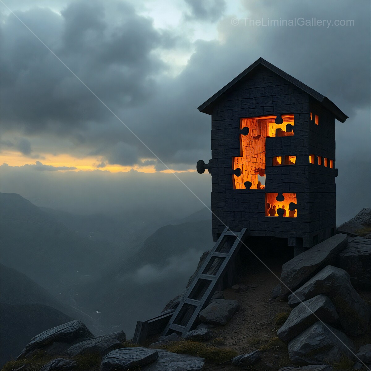 Illuminated puzzle house on a mountain at dusk reveals a whimsical escape into creativity and imagination
