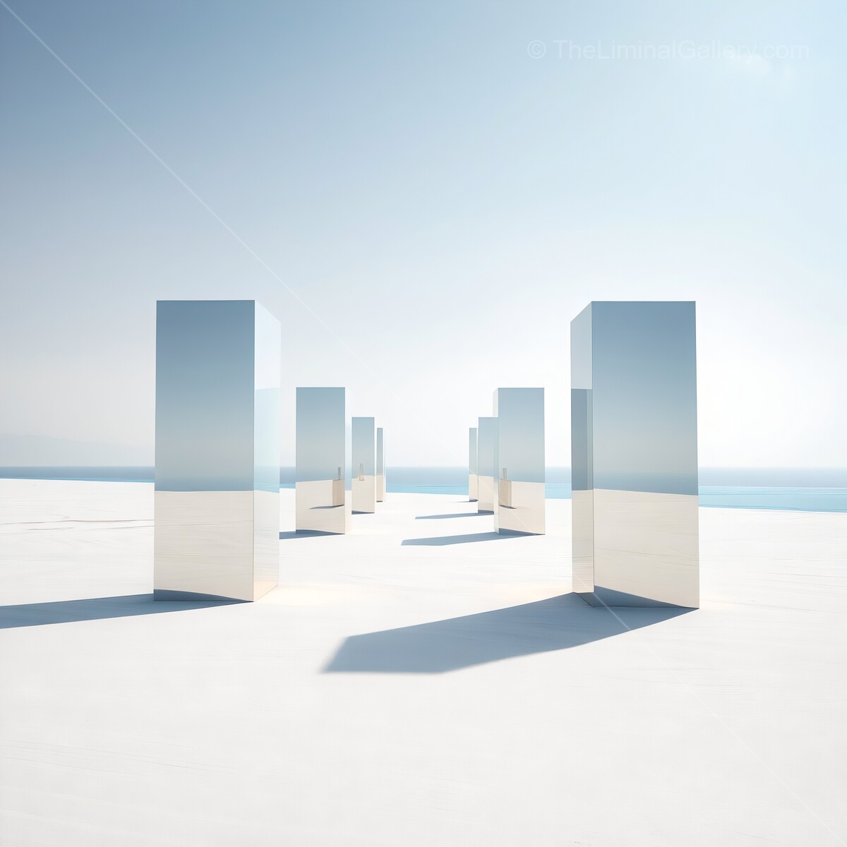 Shimmering liminal reflections emerge from a serene coastal landscape under a clear midday sky