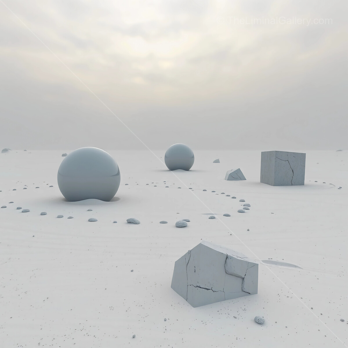 Mysterious landscape with floating orbs and cracked stones under a dim sky at twilight