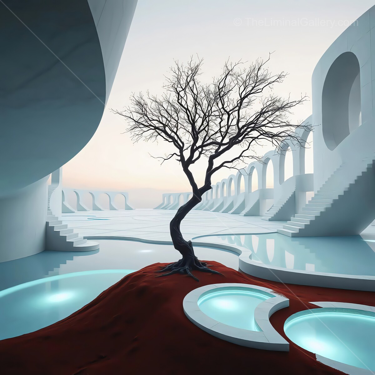 Mysterious liminal landscape with a solitary tree and architectural forms at dawn reflecting tranquility and modernity