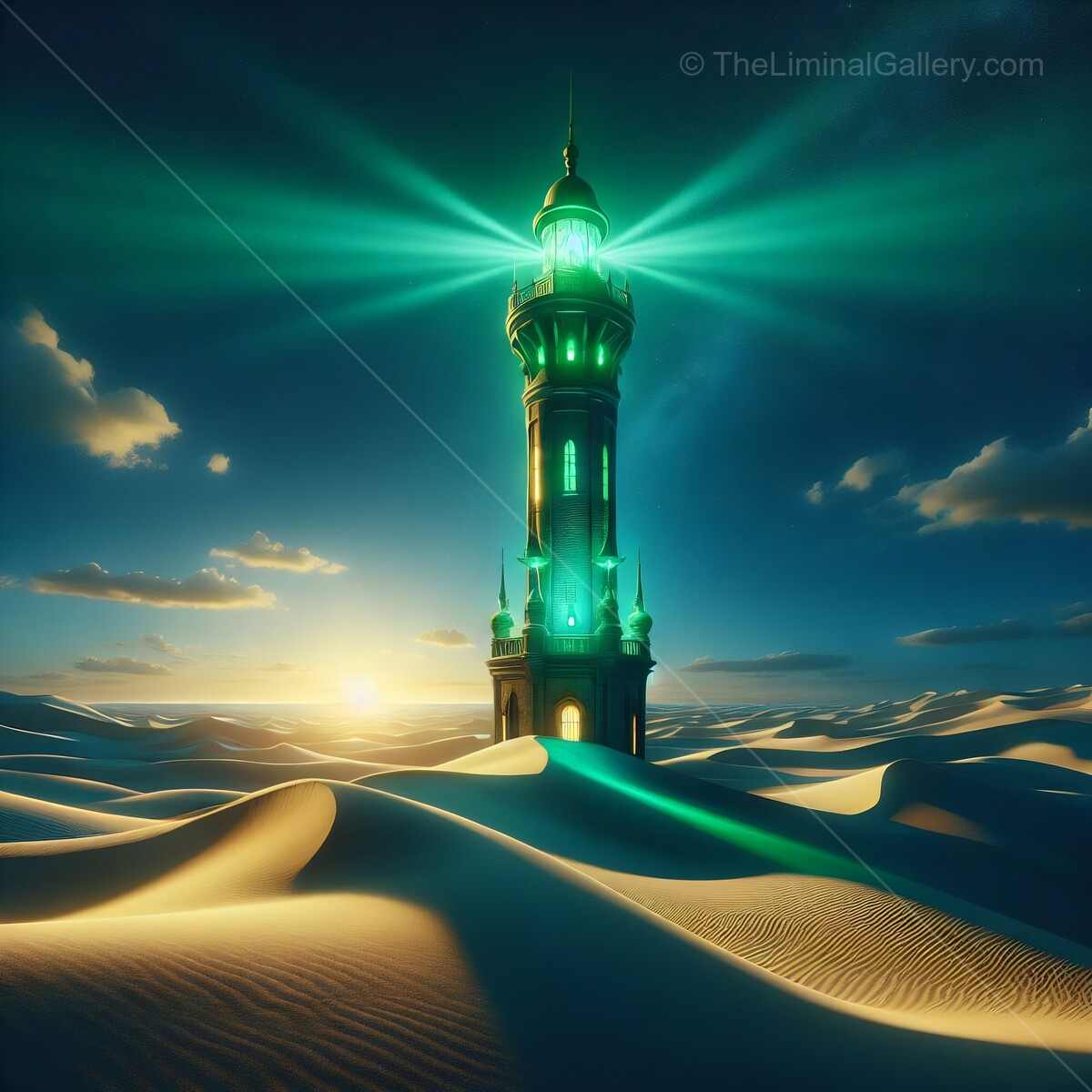 Mystical liminal lighthouse radiates green light in a serene desert at sunset
