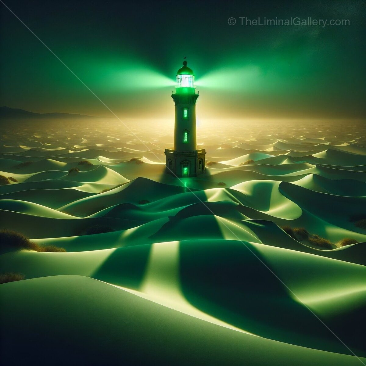 Liminal lighthouse stands tall amidst shimmering sand dunes under a mystical green glow