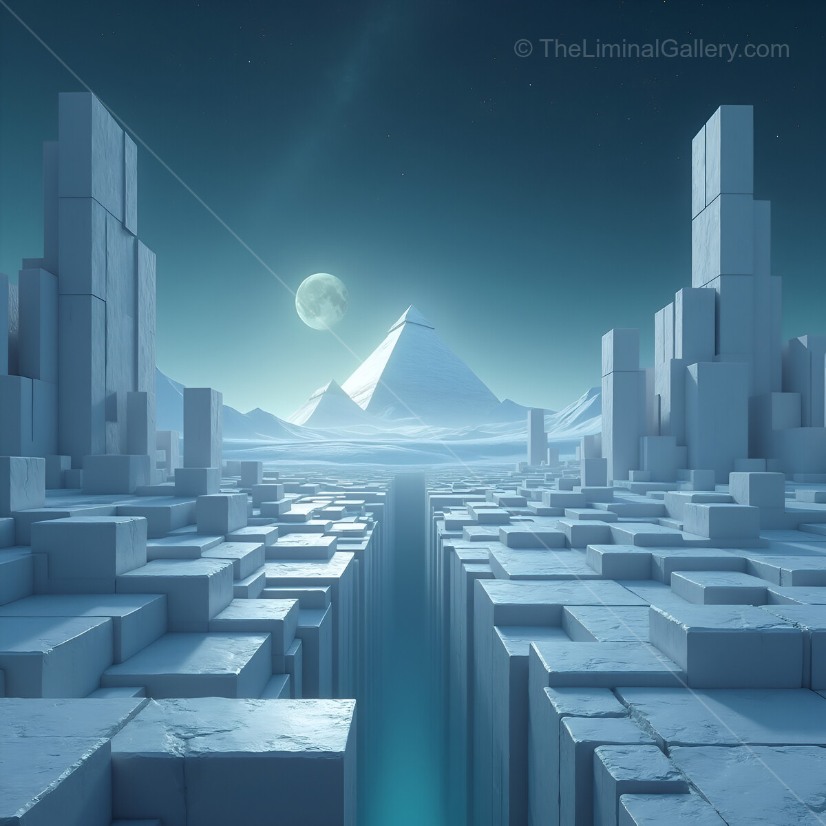 Majestic pyramids rise beyond a frozen valley under a tranquil lunar glow at twilight