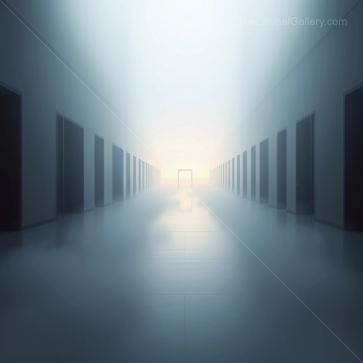 Mysterious hallway bathed in fog reveals a luminous doorway at dawn