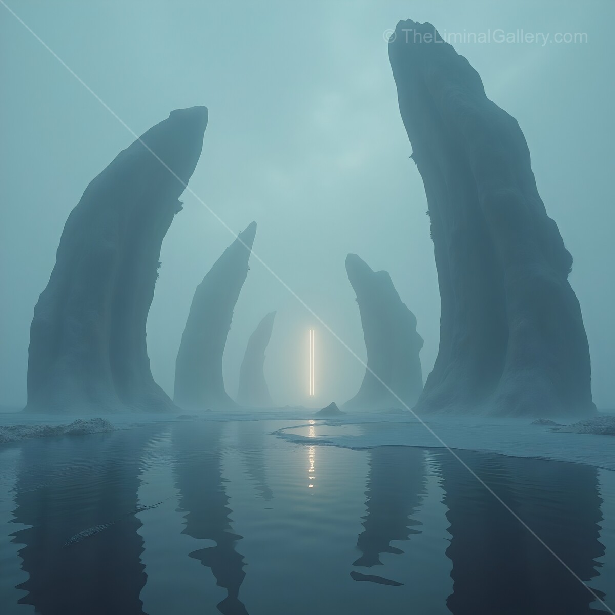 Majestic stone pillars emerge from misty waters, beckoning toward a mysterious light in the distance