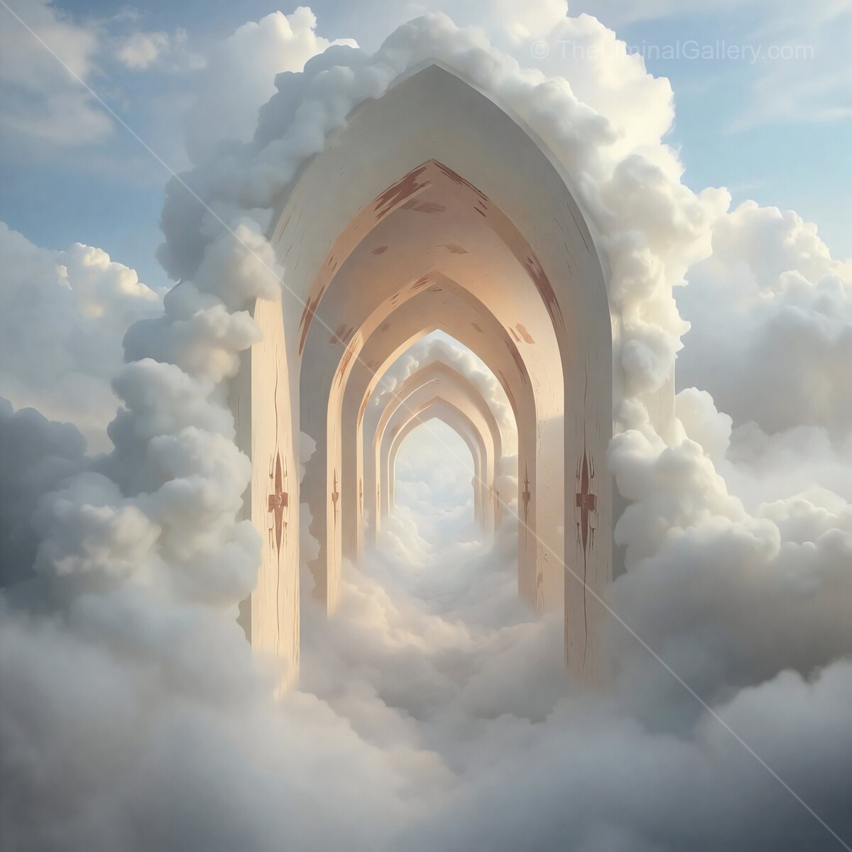 Majestic arches emerge from soft clouds, inviting a journey through a dreamlike liminal horizon of serenity