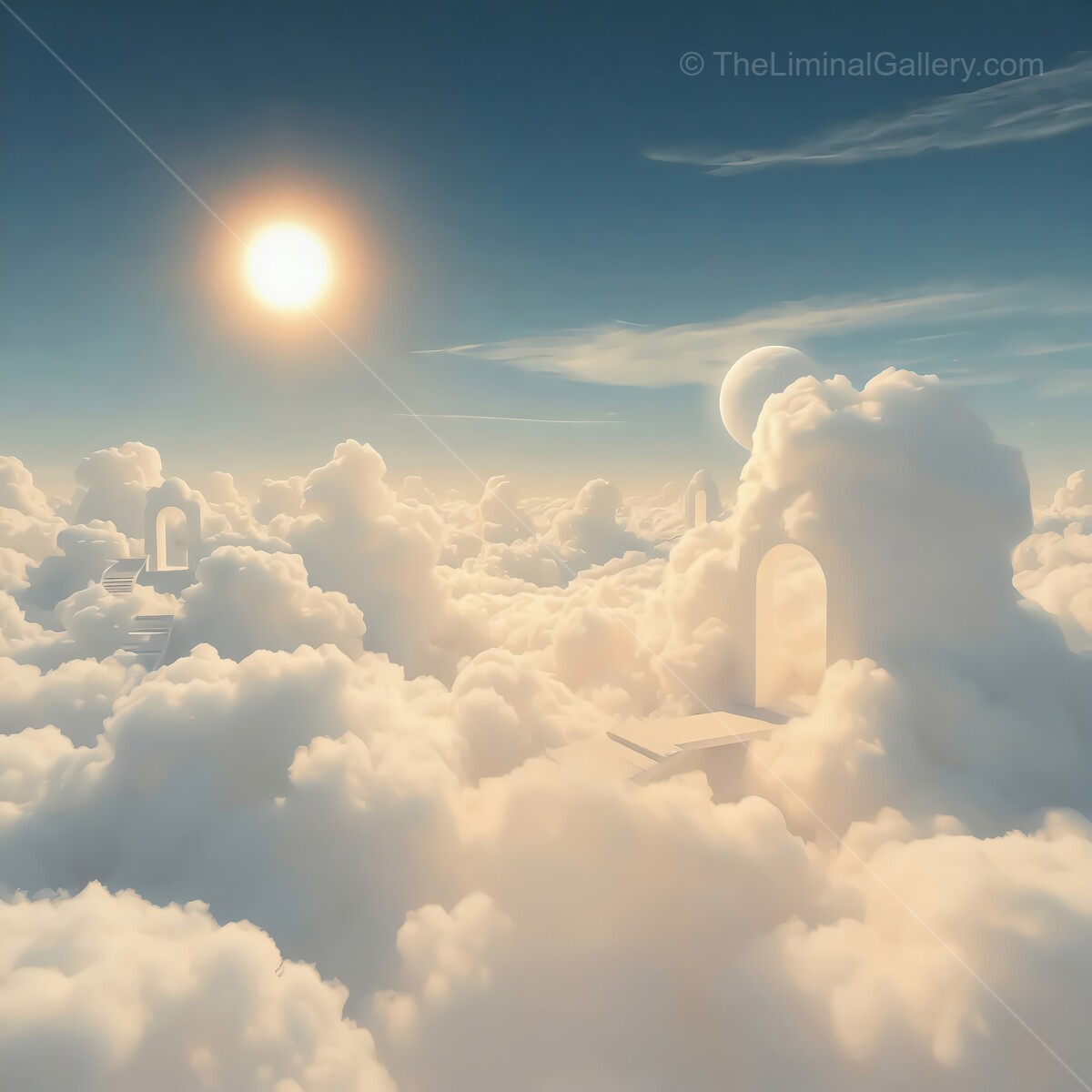 Majestic fluffy clouds illuminated by a bright sun with surreal archways at twilight