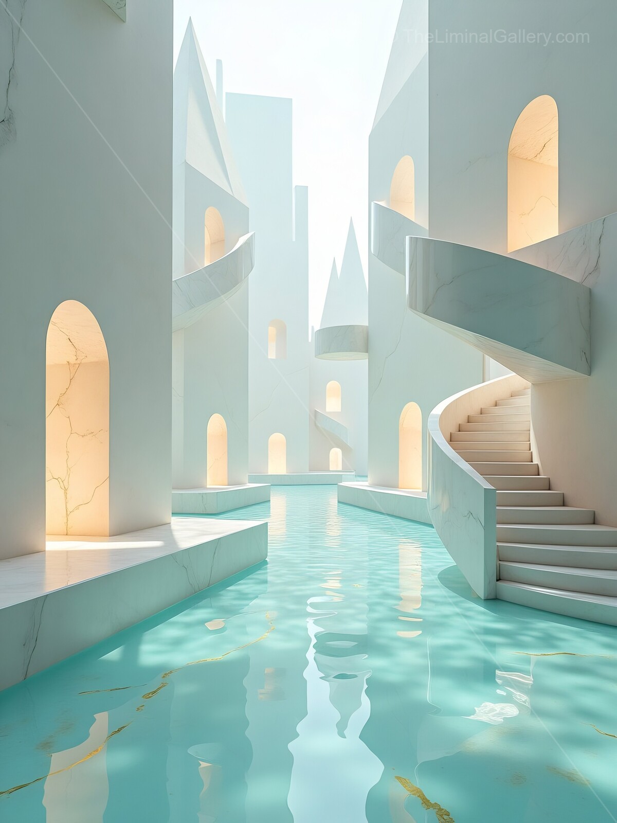 Majestic white liminal structures rise above turquoise waters in a tranquil dreamscape filled with staircases and light